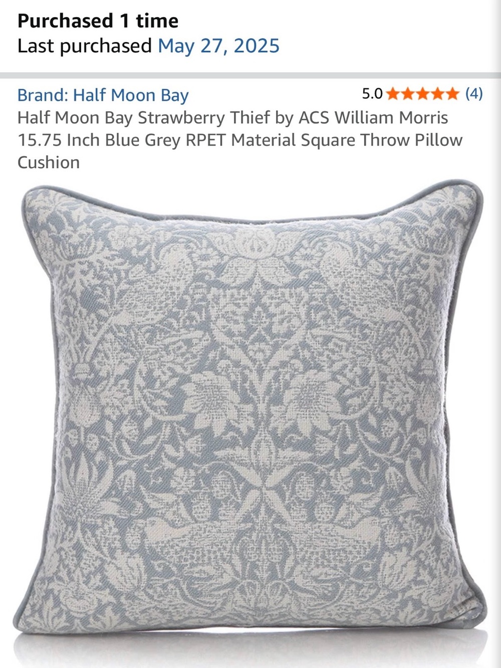 Blue Gray William Morris Strawberry Thief Throw Pillow